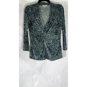 LIZ CLAIBORNE Women's Blue Floral V-Neck Twist-Front 3/4 Sleeve Top SZ S